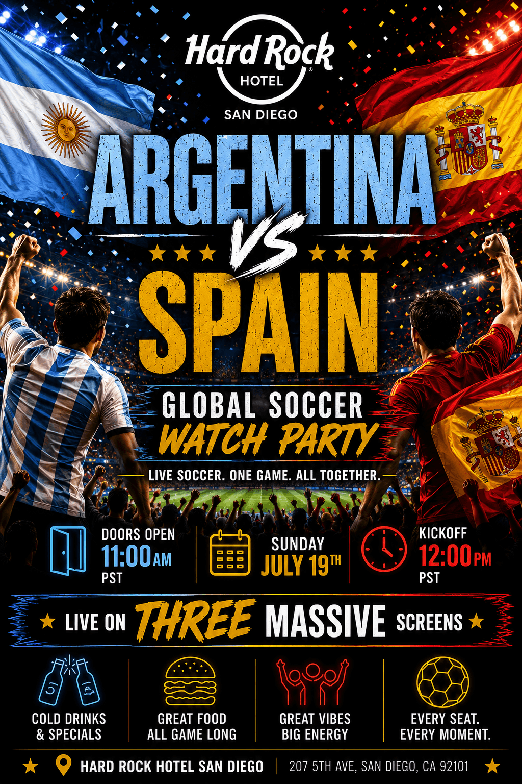 Argentina vs Spain World Cup Finals Watch Party Sun July 19th @ Hard Rock