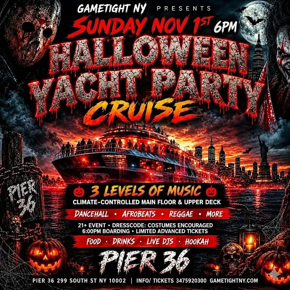 HALLOWEEN YACHT PARTY CRUISE - NYC. Statue of liberty 6pm pier 36
