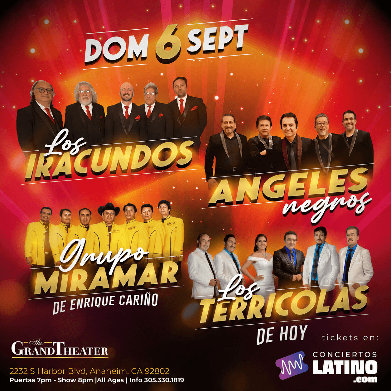 Los Iracundos, Los Angeles Negros, Miramar y Los Terricolas en Anaheim